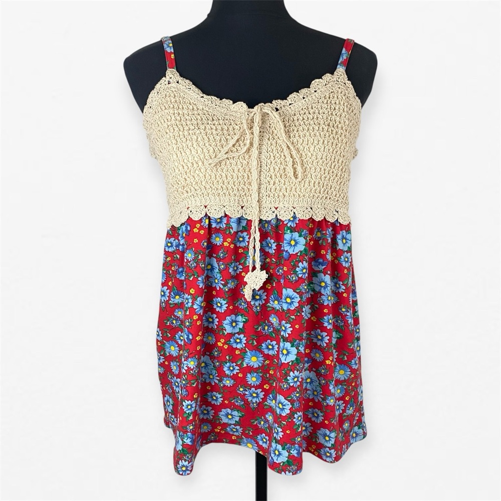 Red Floral Crochet Trim empire waist spaghetti strap summer Women's Top XL